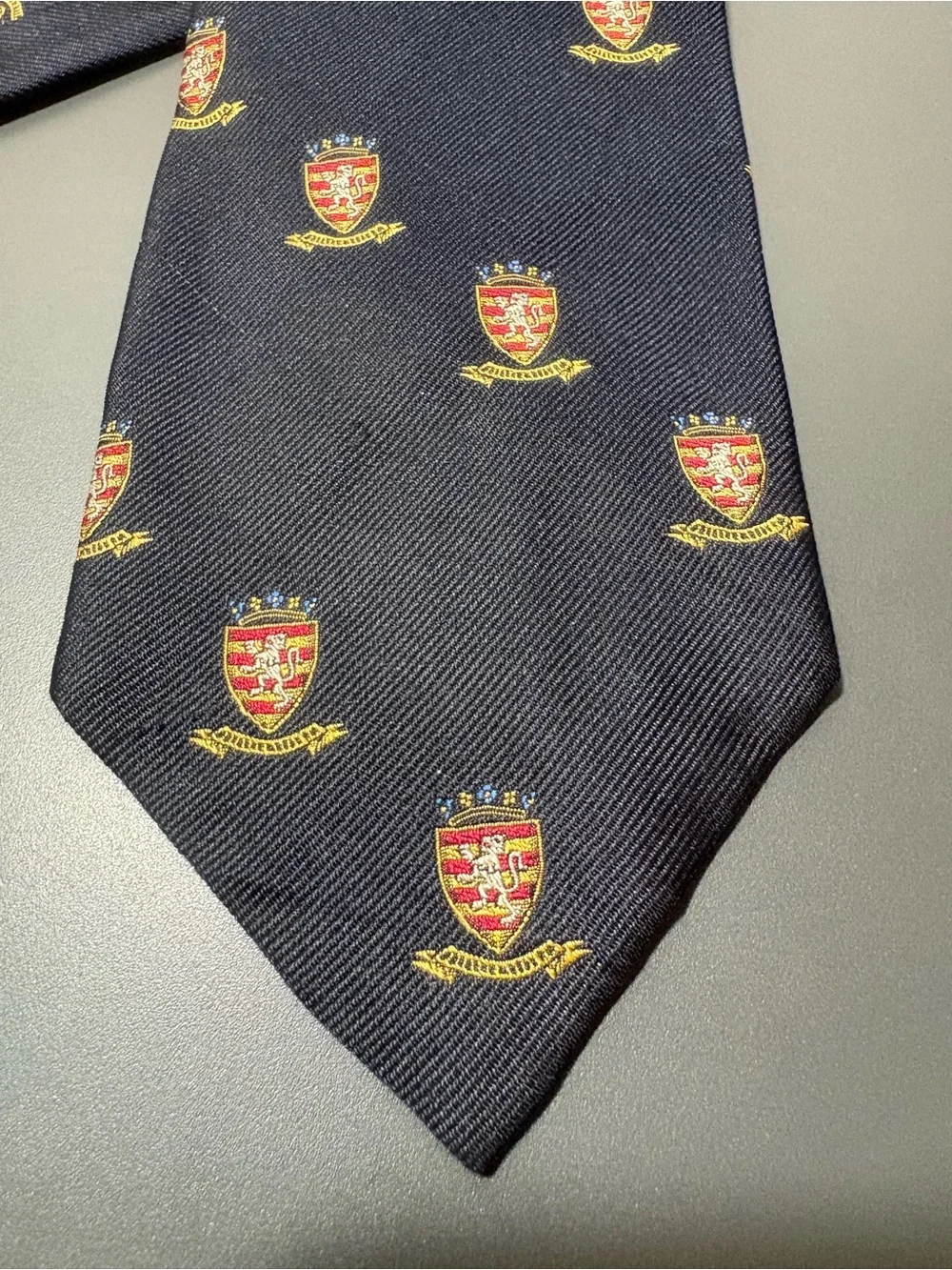 POLO RALPH LAUREN Navy Silk Tie with Gold and Red Crest Motif